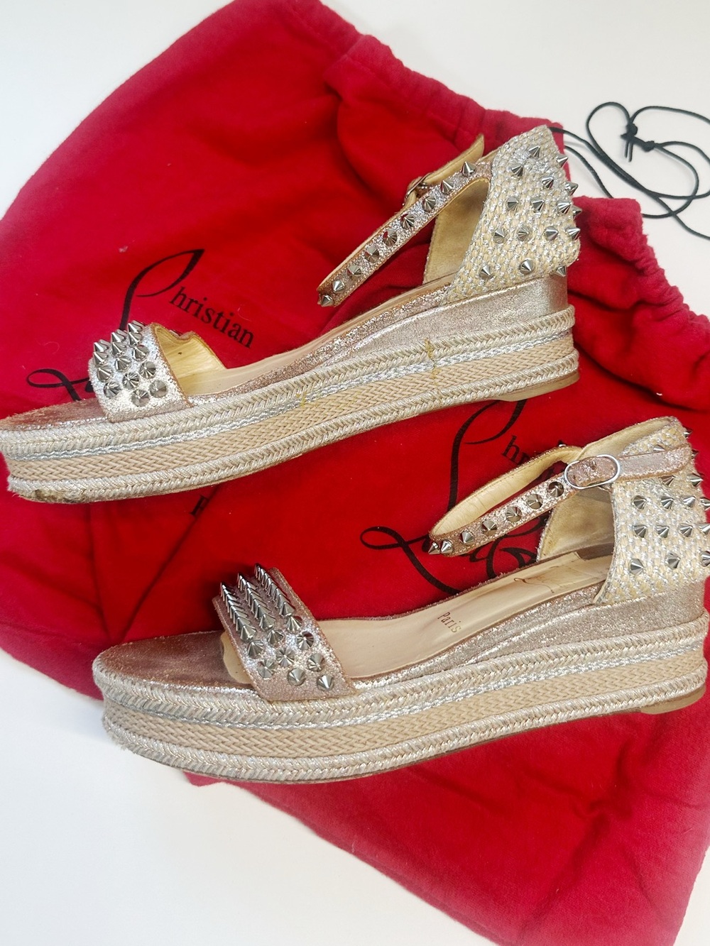 Christian Louboutin Gold Studded Espadrille Wedge Sandals US 9